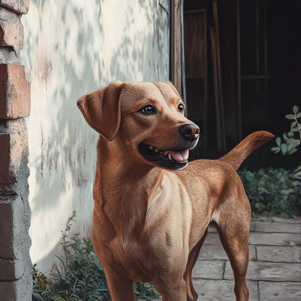 Ein Hund steht vor einem verlassenen Haus | Quelle: Midjourney