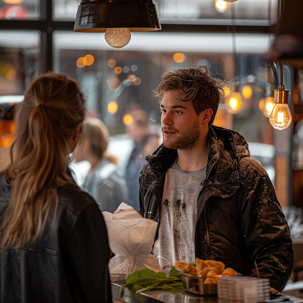 Ein Mann an der Rezeption eines Restaurants im Gespräch mit einem der Angestellten | Quelle: Midjourney