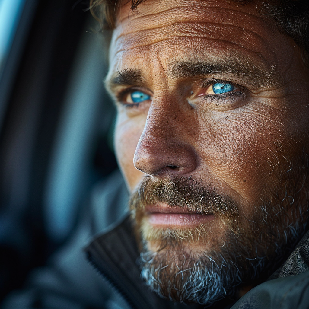 Nervöser blauäugiger Mann in seinem Auto | Quelle: Midjourney