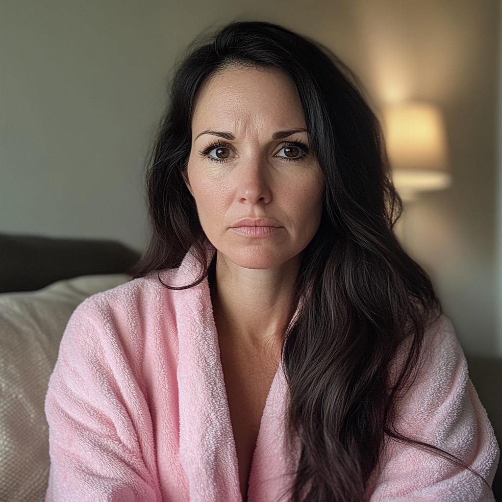 Eine Frau sitzt auf einer Couch und trägt ein rosa Gewand | Quelle: Midjourney