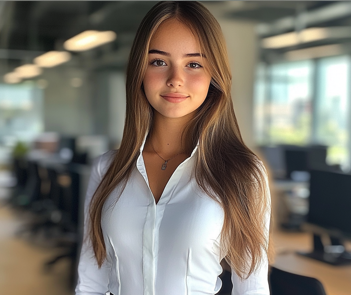 Eine junge Frau steht in einem Büro | Quelle: Midjourney