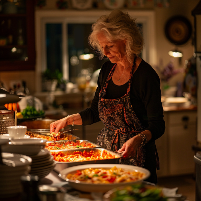 Eine Frau mittleren Alters, die in der Küche das Abendessen vorbereitet | Quelle: Midjourney