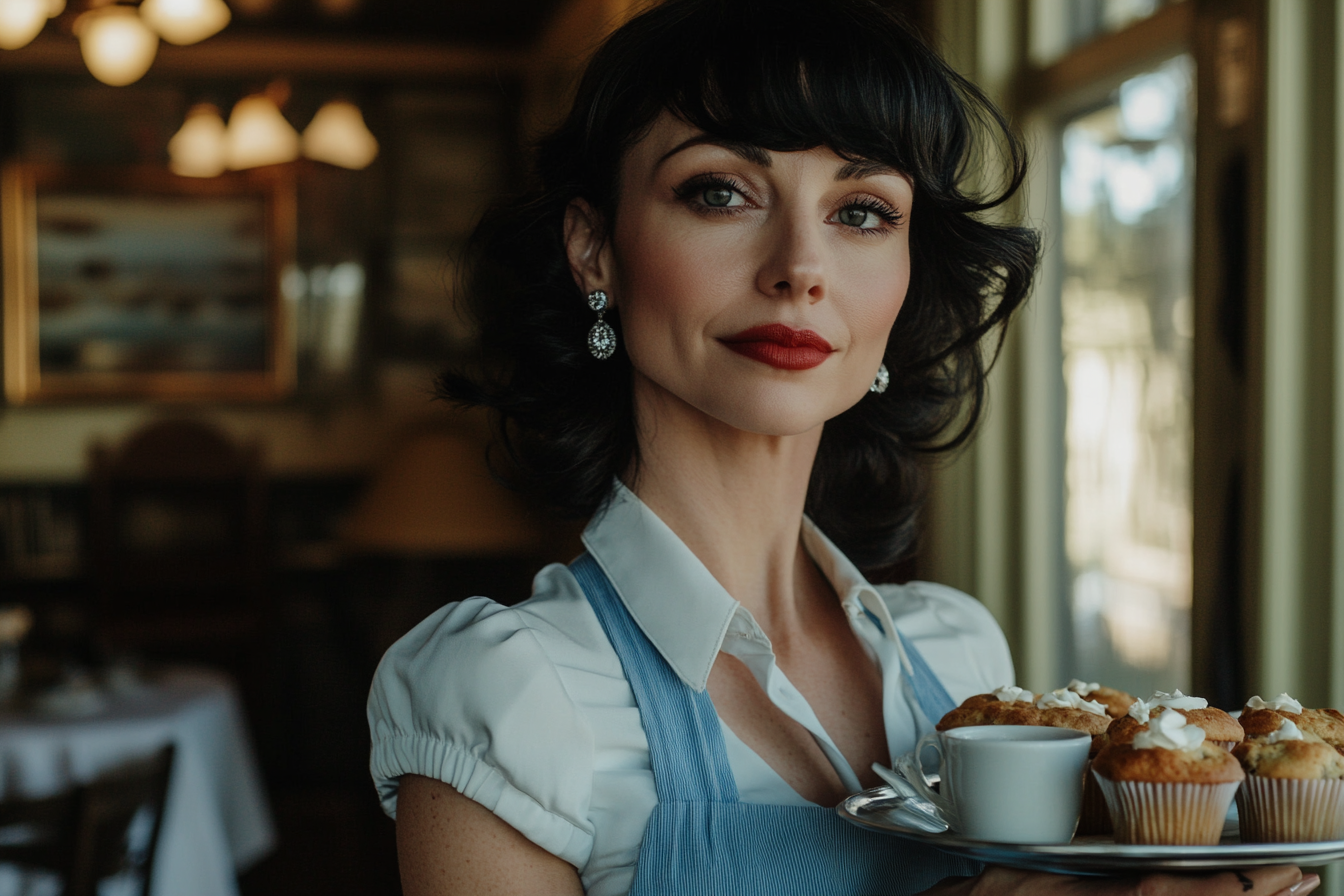 Frau in blau-weißer Kellnerinnen-Uniform bei der Arbeit in einem Café | Quelle: Midjourney