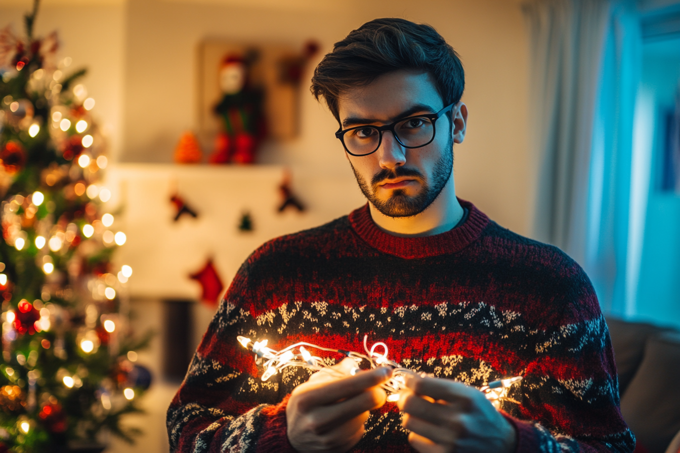 Ein Mann entwirrt die Weihnachtsbeleuchtung in seinem Wohnzimmer | Quelle: Midjourney