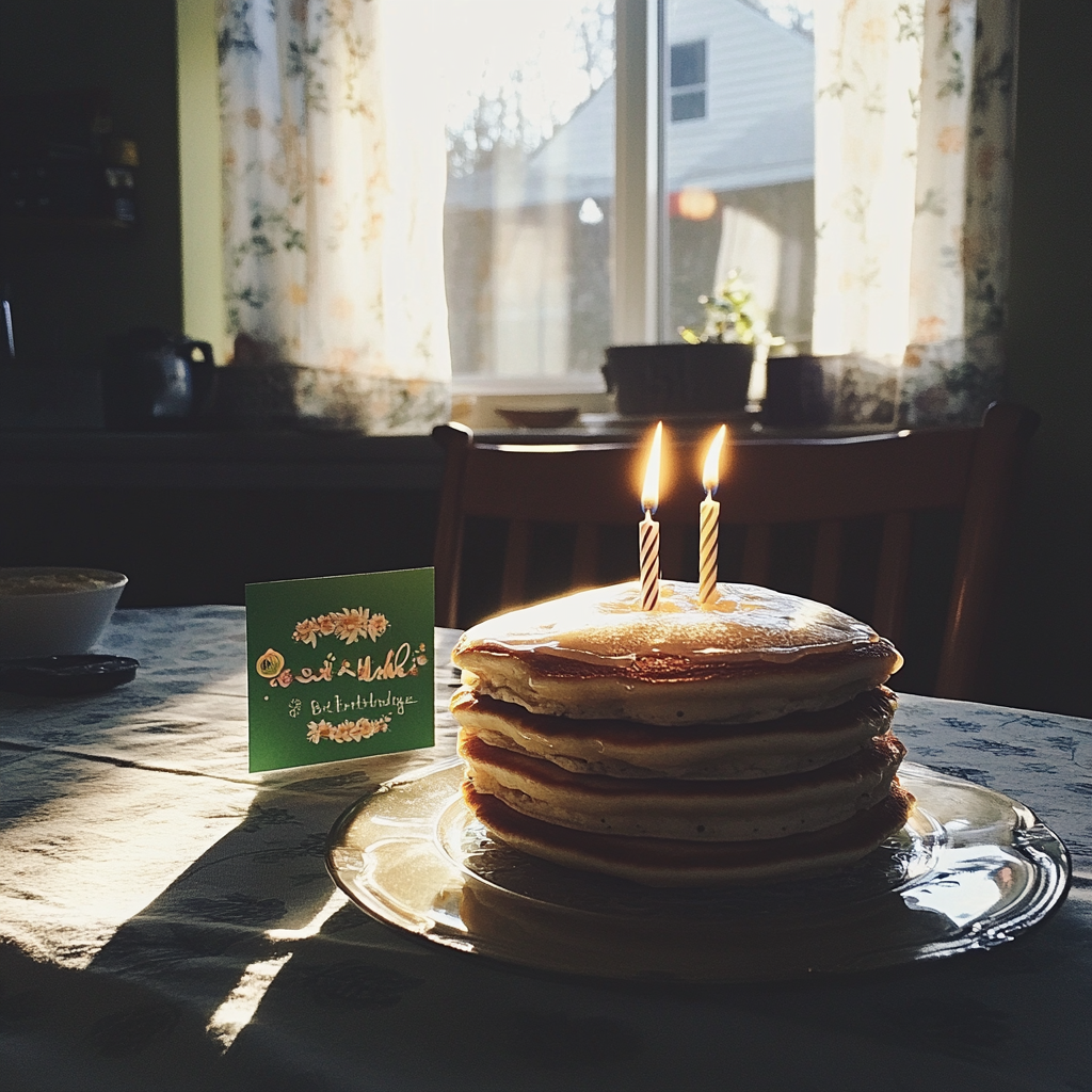 Ein Teller mit Pfannkuchen und eine Karte auf einem Tisch | Quelle: Midjourney