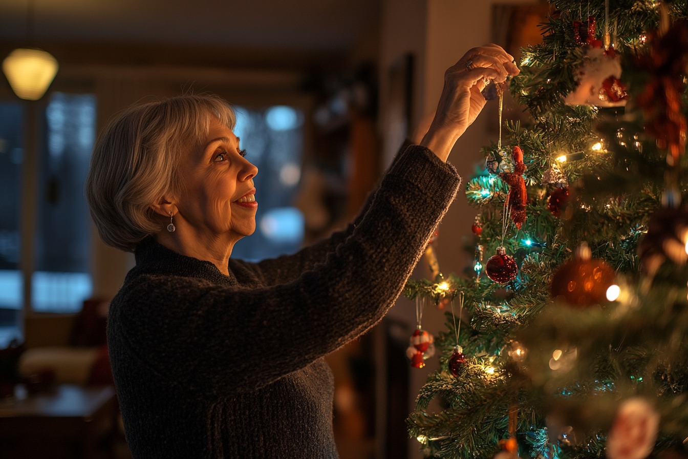 Eine Frau schmückt einen Weihnachtsbaum | Quelle: Midjourney