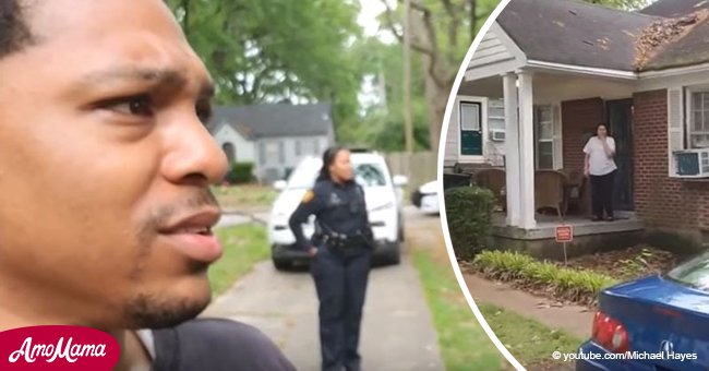 Frau ruft die Polizei für den dunkelhäutigen Mann, der sich neben dem Haus ihres Nachbars aufhielt