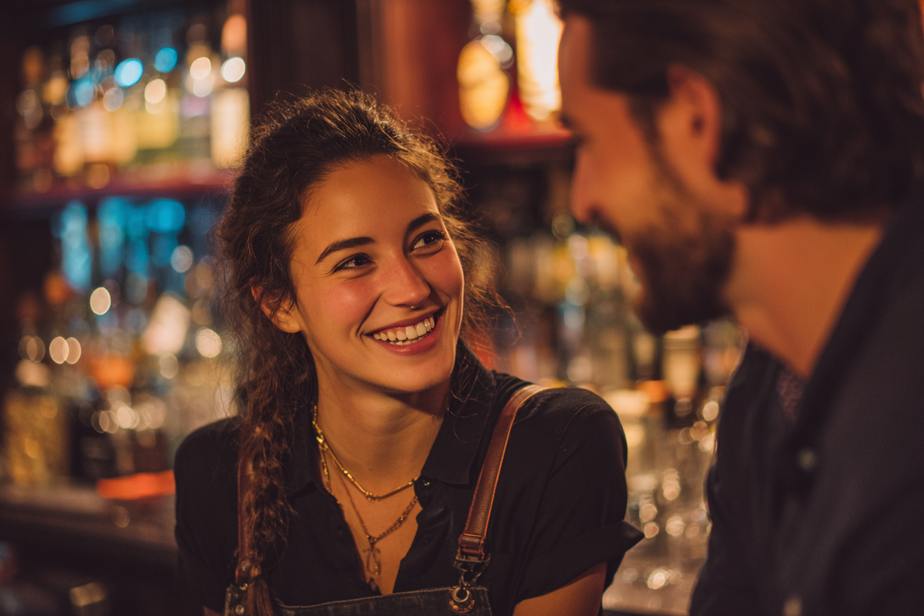 Eine Kellnerin lacht mit einem Kunden in einer Bar | Quelle: Midjourney