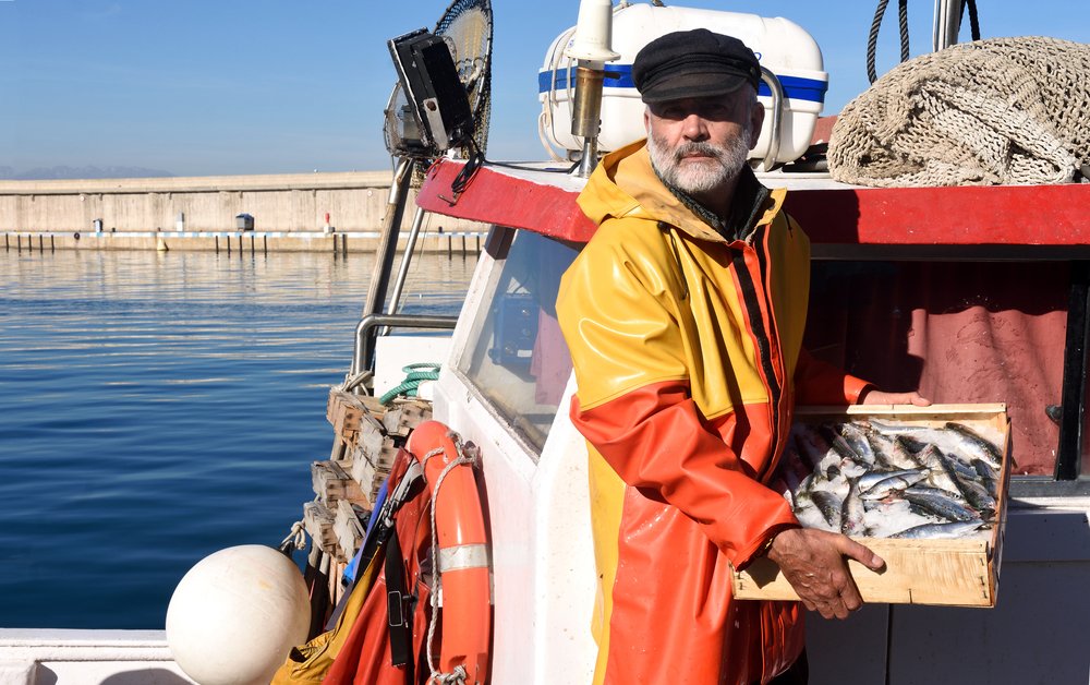 Fischer mit einer Fischbox in einem Fischerboot. I Quelle: Shutterstock