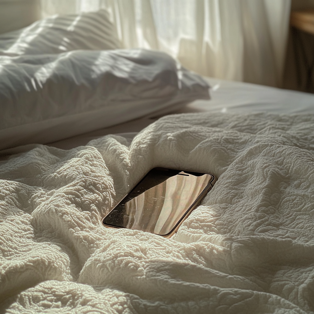 Ein Mobiltelefon auf einem Bett | Quelle: Midjourney