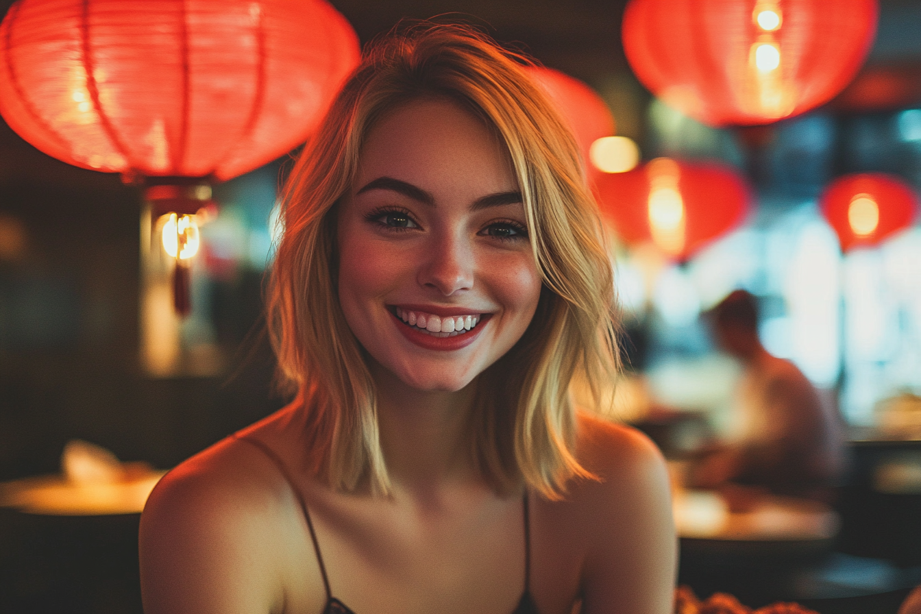 A woman smiling at Chinesisches Restaurant | Quelle: Midjourney