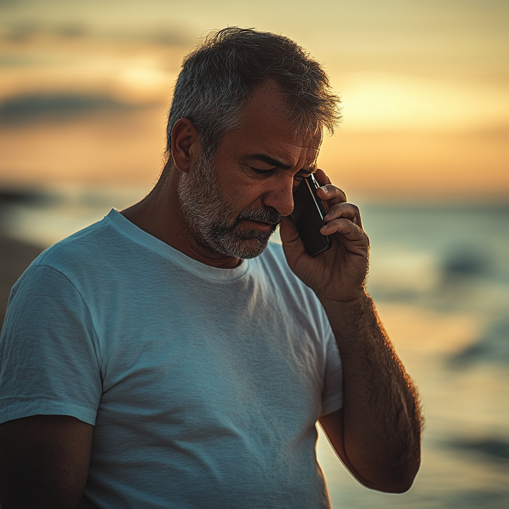 Ein aufgebrachter Mann, der mit seinem Telefon spricht | Quelle: Midjourney