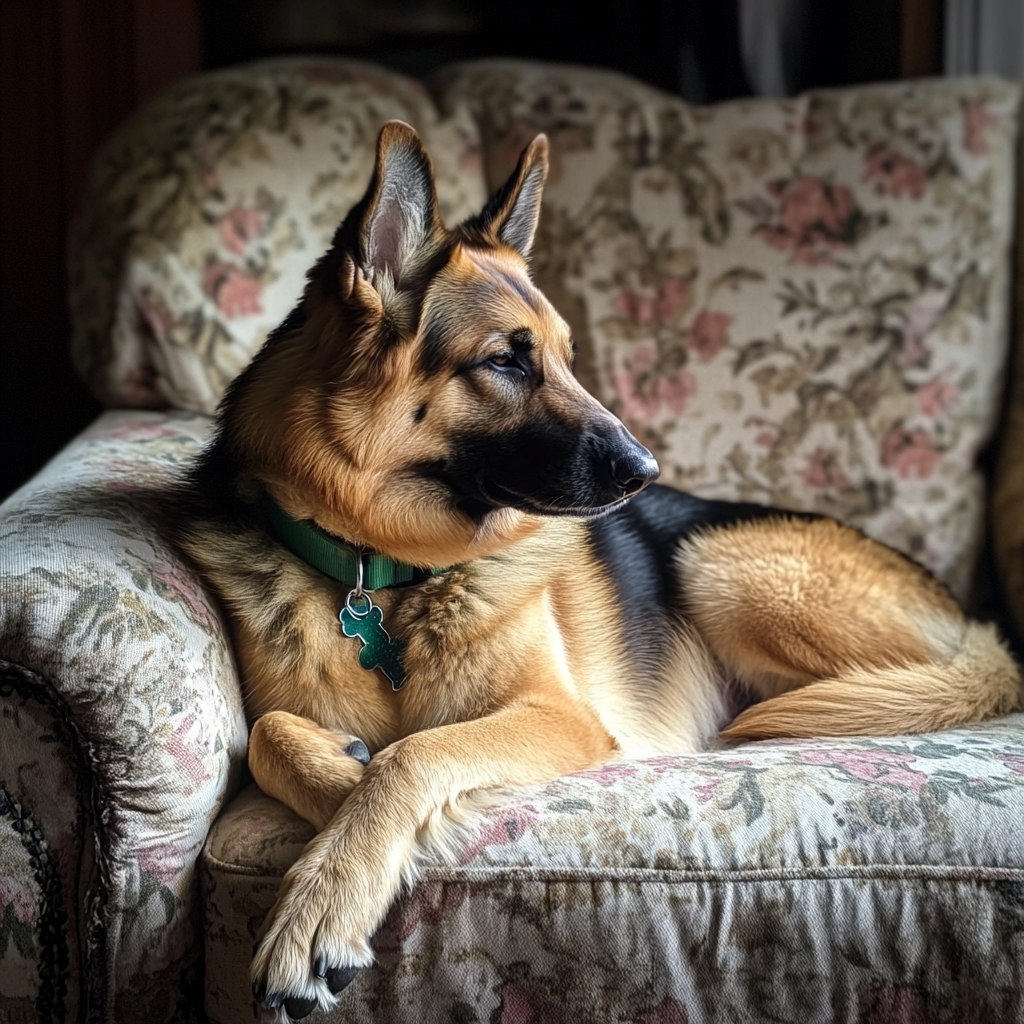 Ein Hund, der auf einer Couch sitzt | Quelle: Midjourney