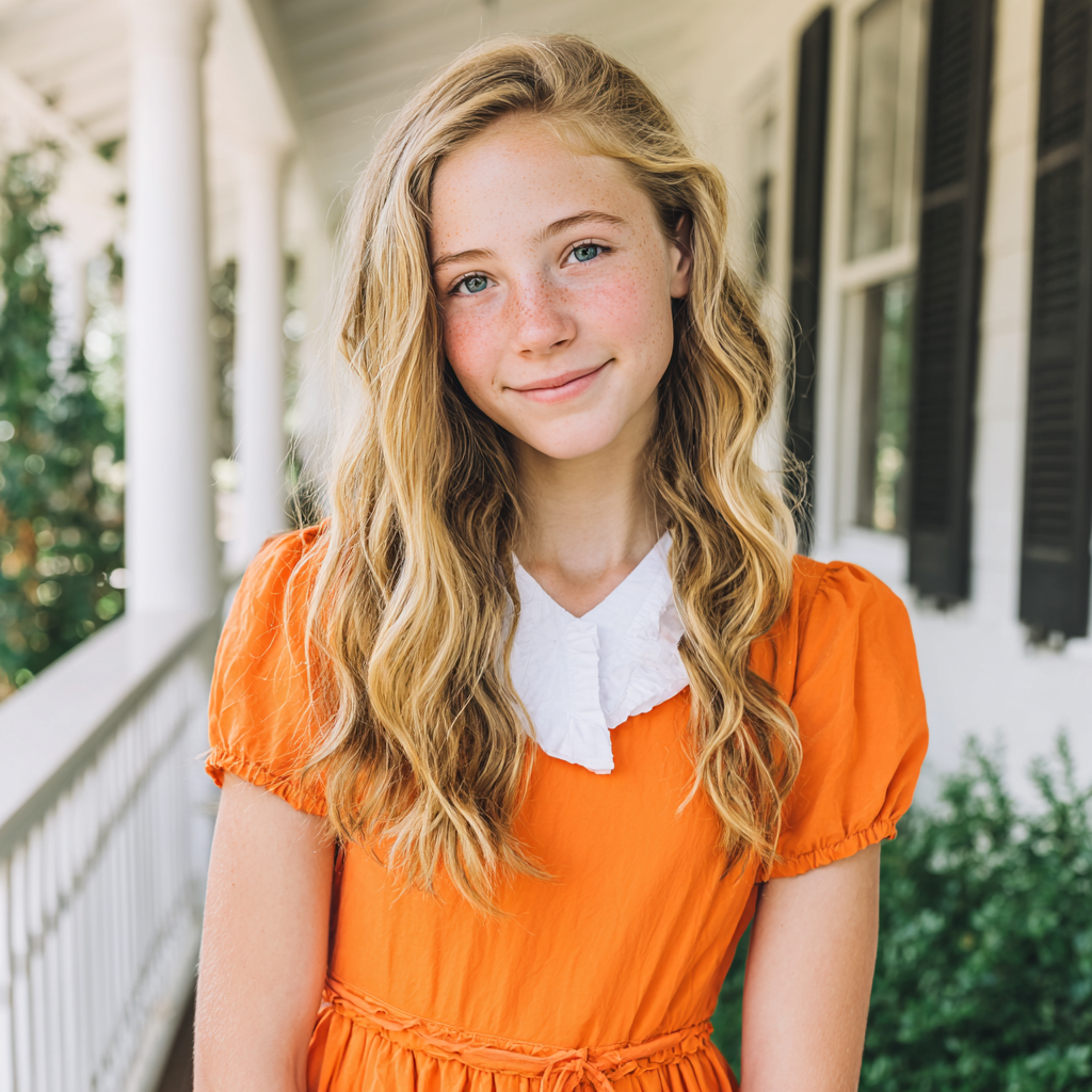 Ein lächelndes Teenager-Mädchen, das auf einer Veranda steht | Quelle: Midjourney