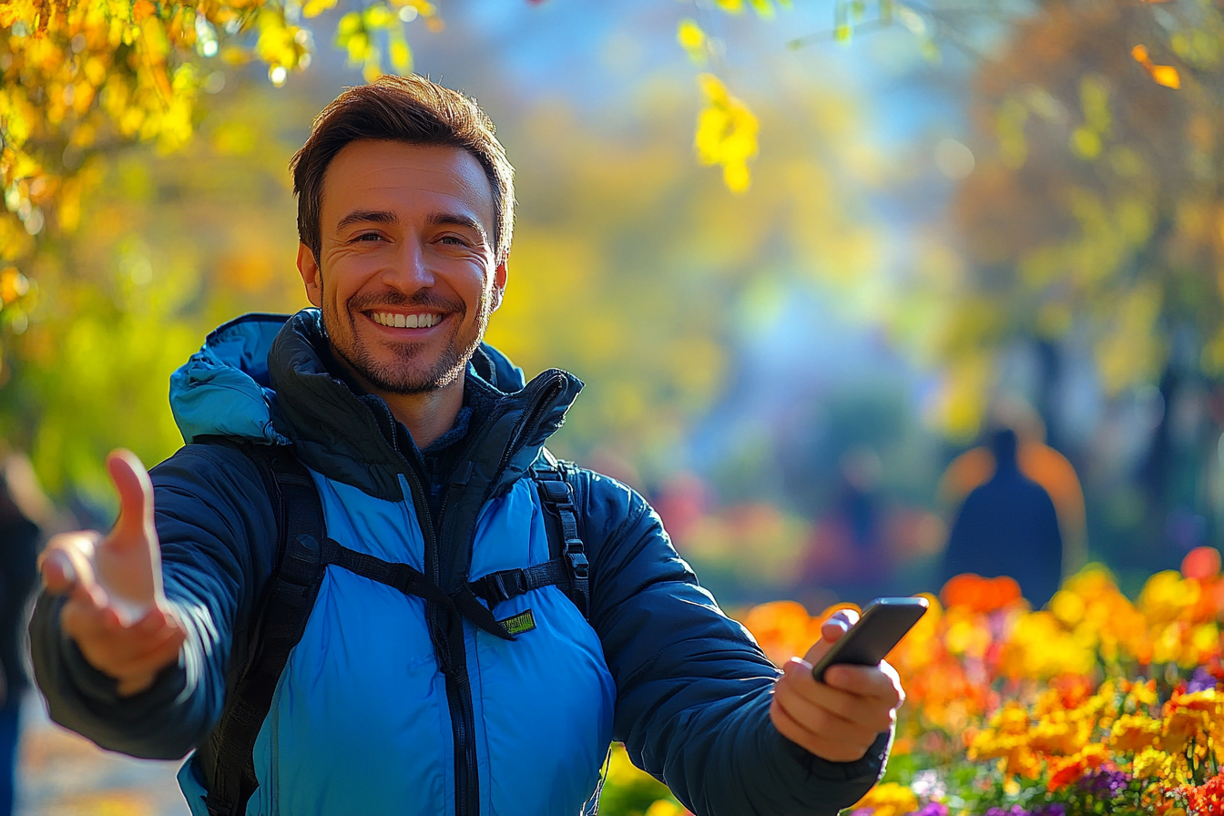 Ein Mann hält sein Telefon in die Höhe | Quelle: Midjourney