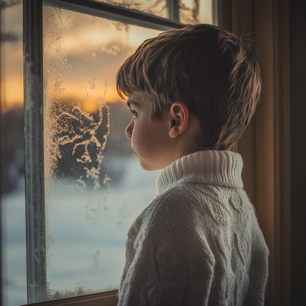 Ein trauriger kleiner Junge steht am Fenster | Quelle: Midjourney