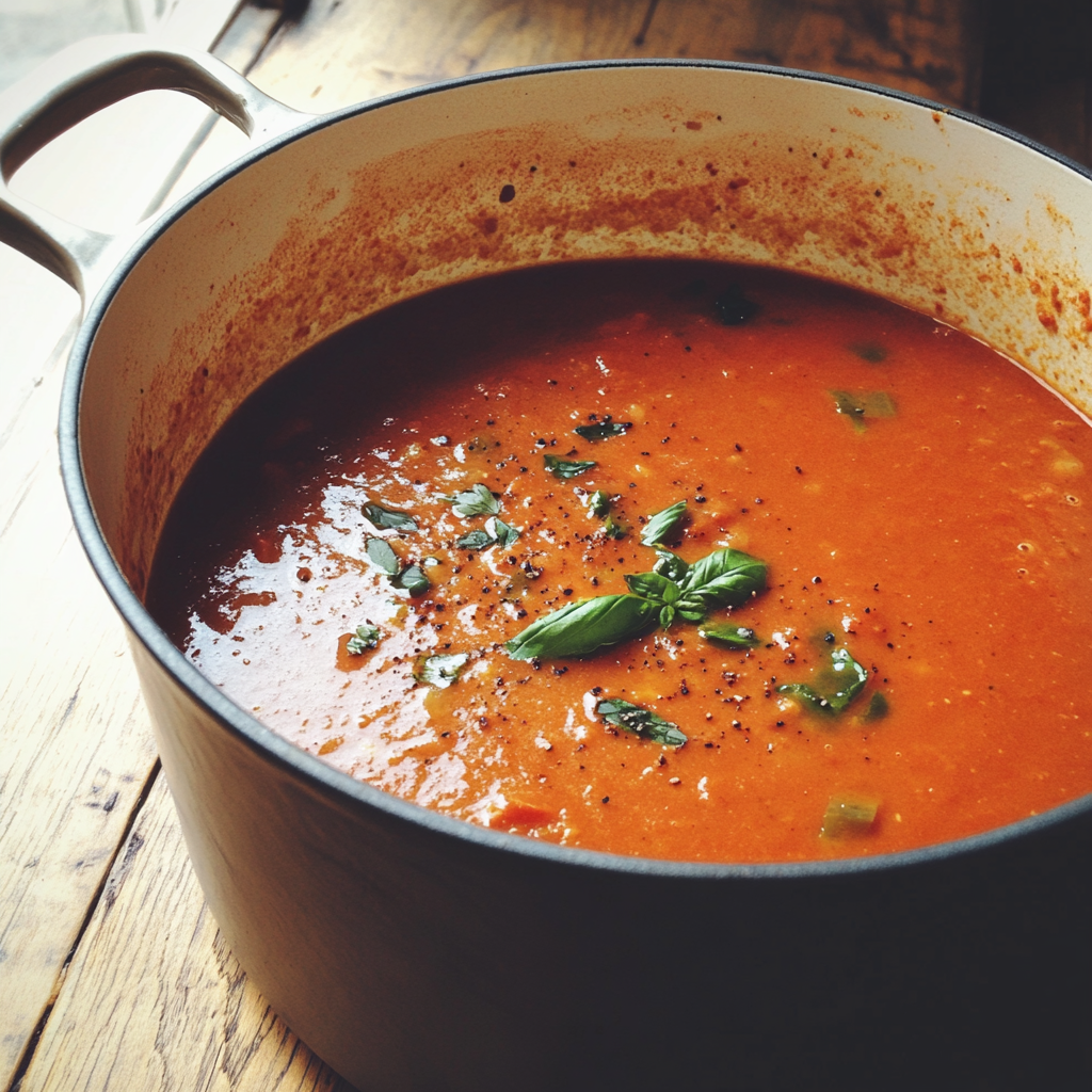 Ein Topf mit Tomatensuppe | Quelle: Midjourney