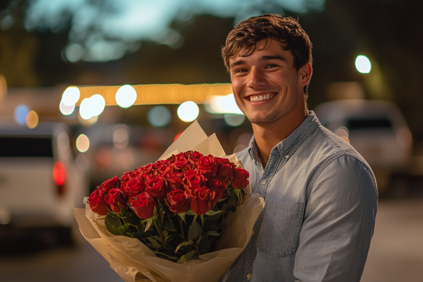 Ein Mann hält einen Strauß Rosen | Quelle: Midjourney