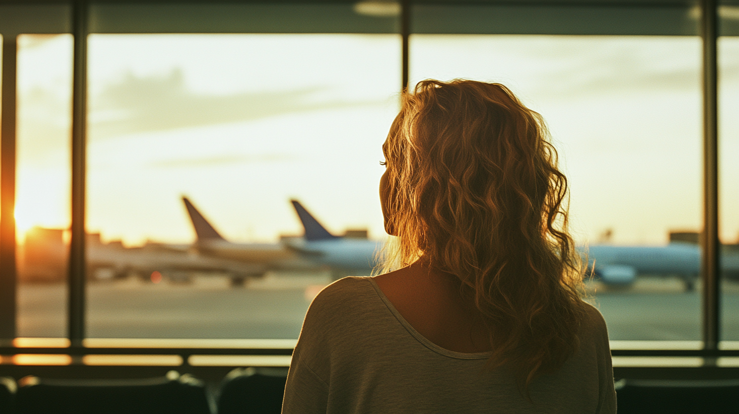 Frau beobachtet die Flugzeuge durch das Flughafenfenster | Quelle: Midjourney