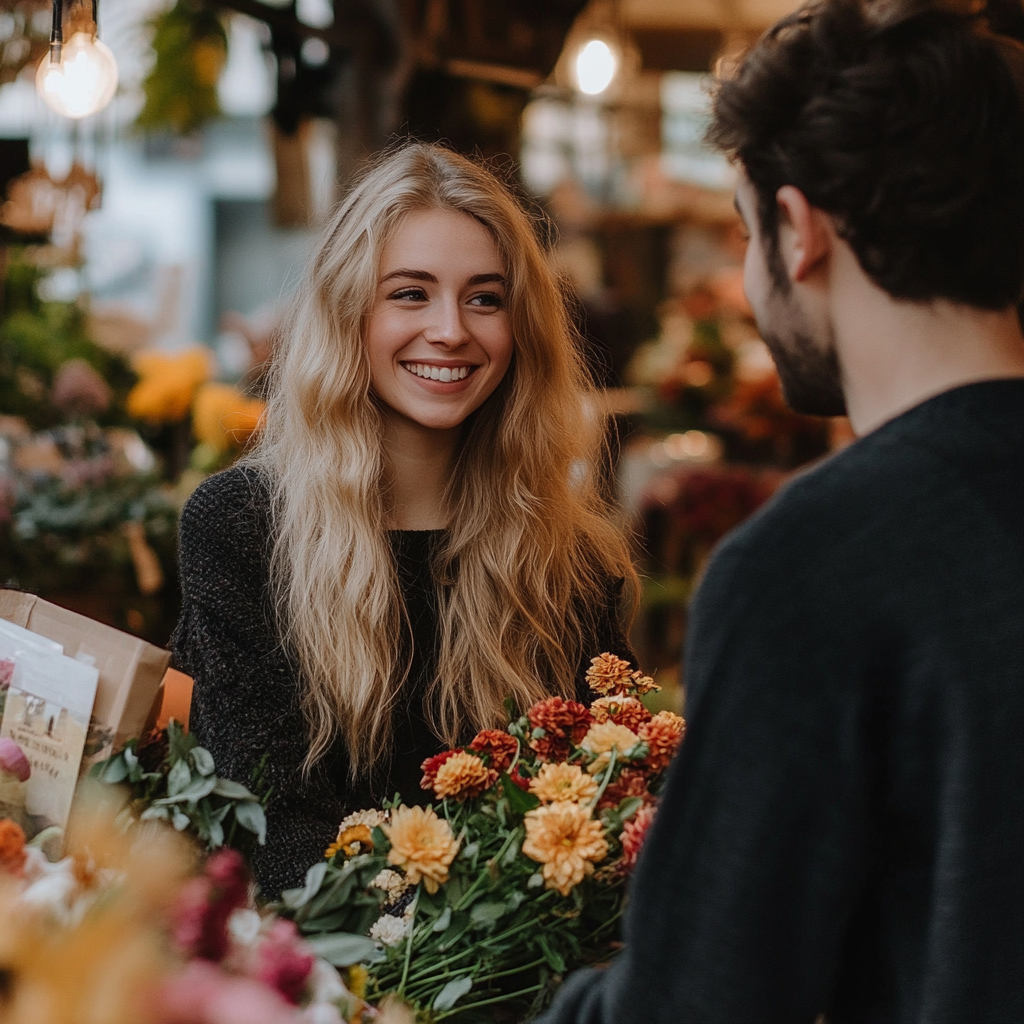 Eine Frau im Gespräch mit einem Mann in einem Blumenladen | Quelle: Midjourney