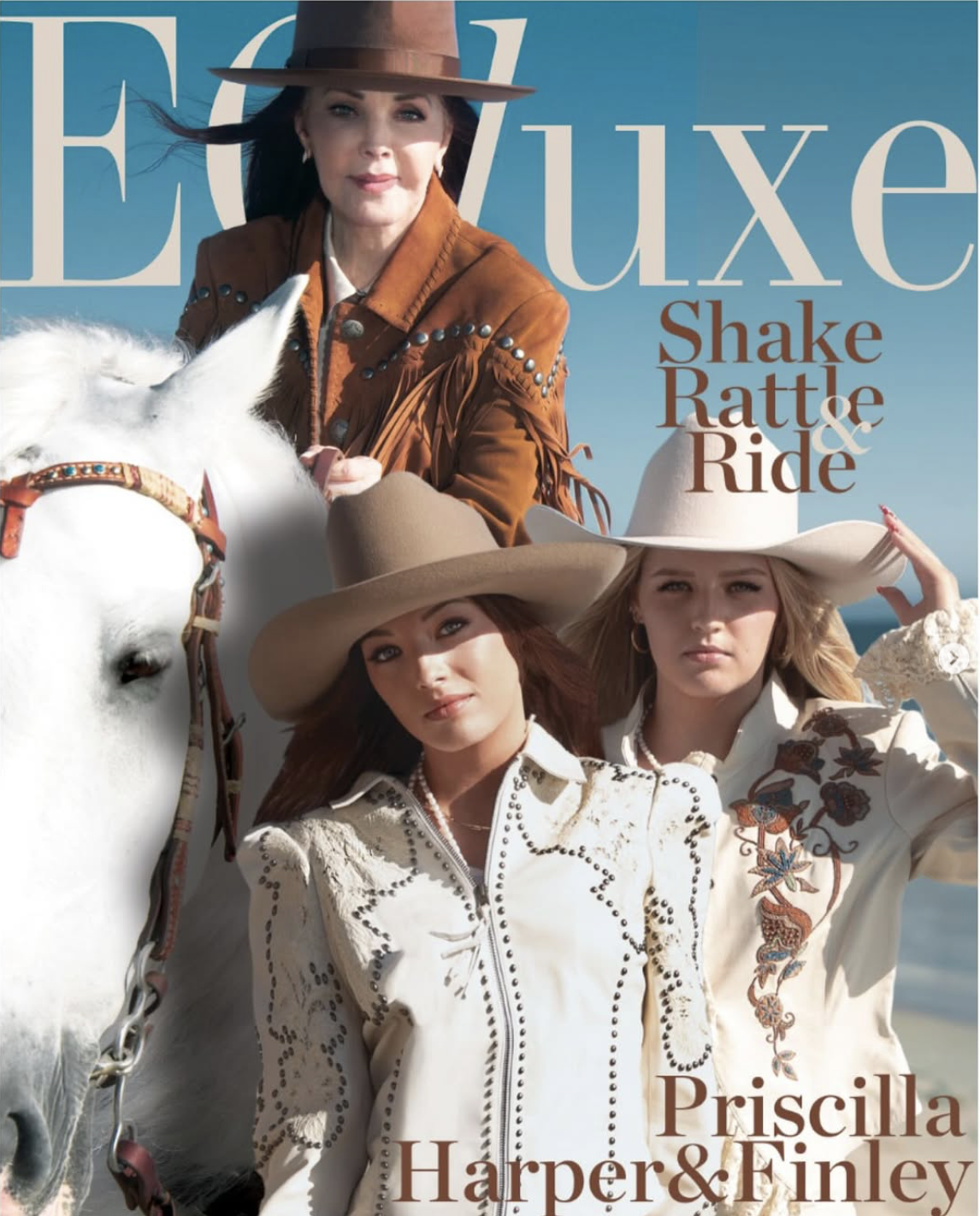 Priscilla Presley posierte zusammen mit ihren Zwillingsenkelinnen Harper und Finley Lockwood für das Cover des EQLuxe-Magazins. Die drei Generationen der Familie Presley setzten bei diesem besonderen Fotoshooting auf Western-inspirierte Mode. | Quelle: Instagram/priscillapresley