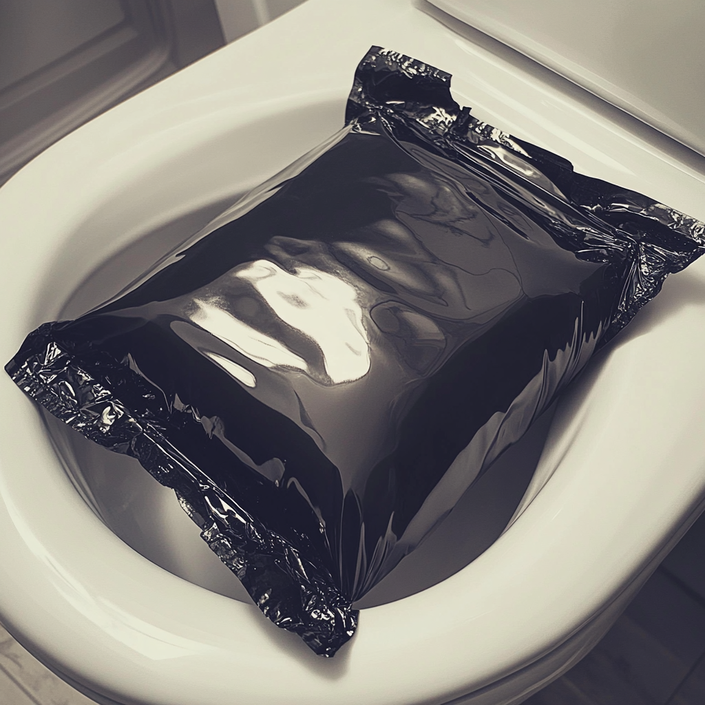Ein vakuumversiegeltes Paket auf einem Toilettensitz | Quelle: Midjourney