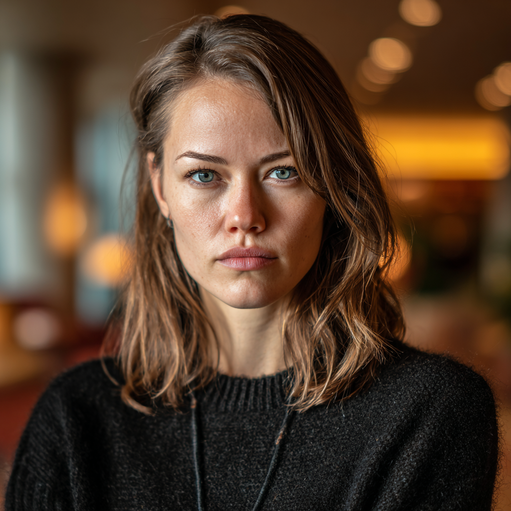 Eine nachdenkliche Frau, die einen schwarzen Pullover trägt | Quelle: Midjourney