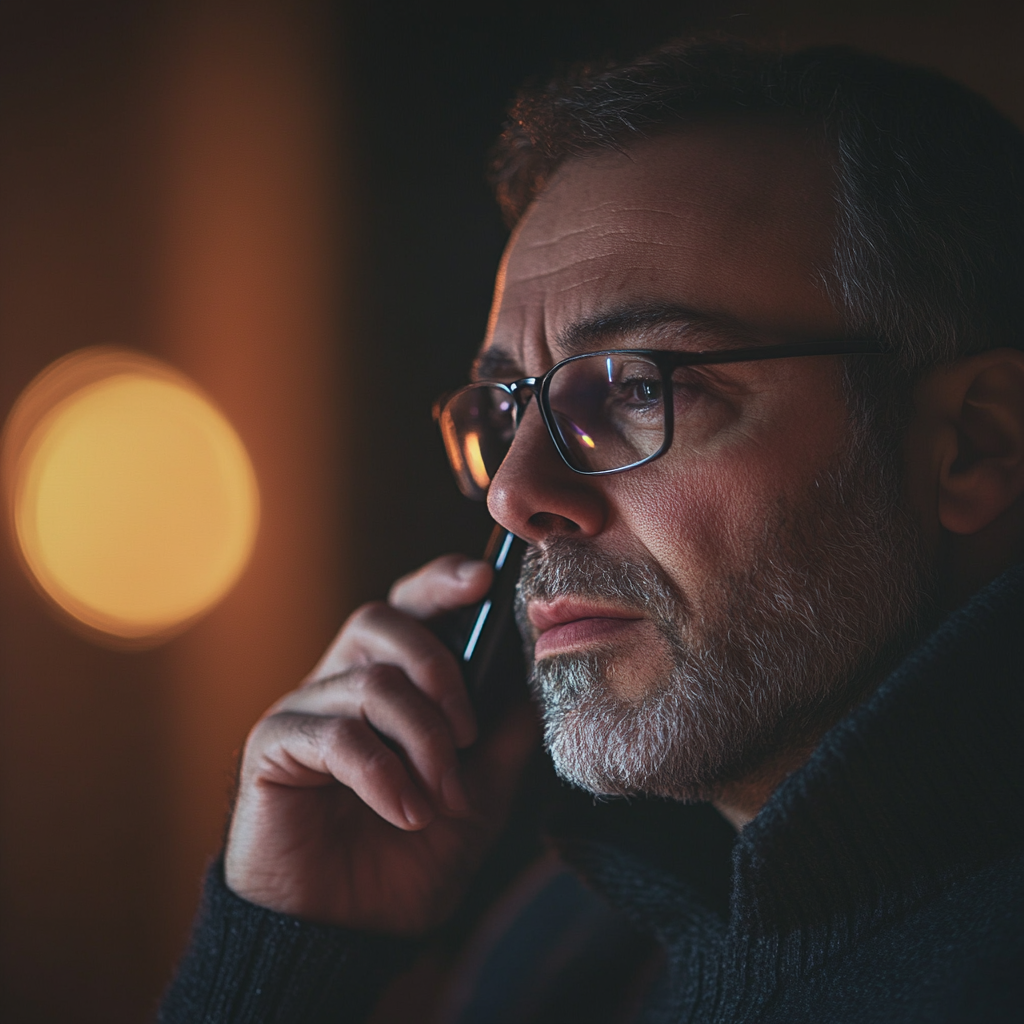 Ein ernster Mann, der mit seinem Telefon spricht | Quelle: Midjourney