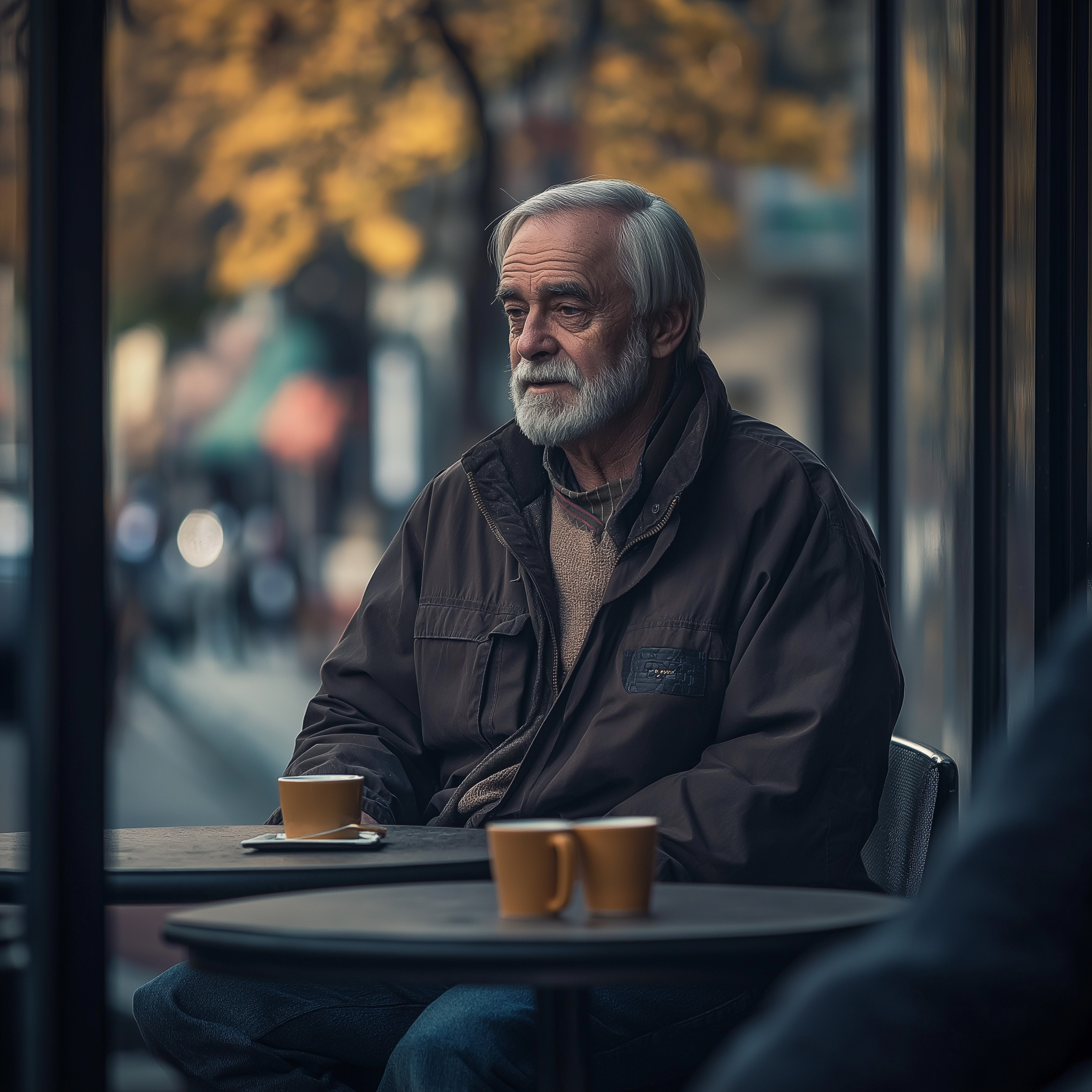 Ein alter Mann sitzt in einem Café und schaut jemanden an | Quelle: Midjourney