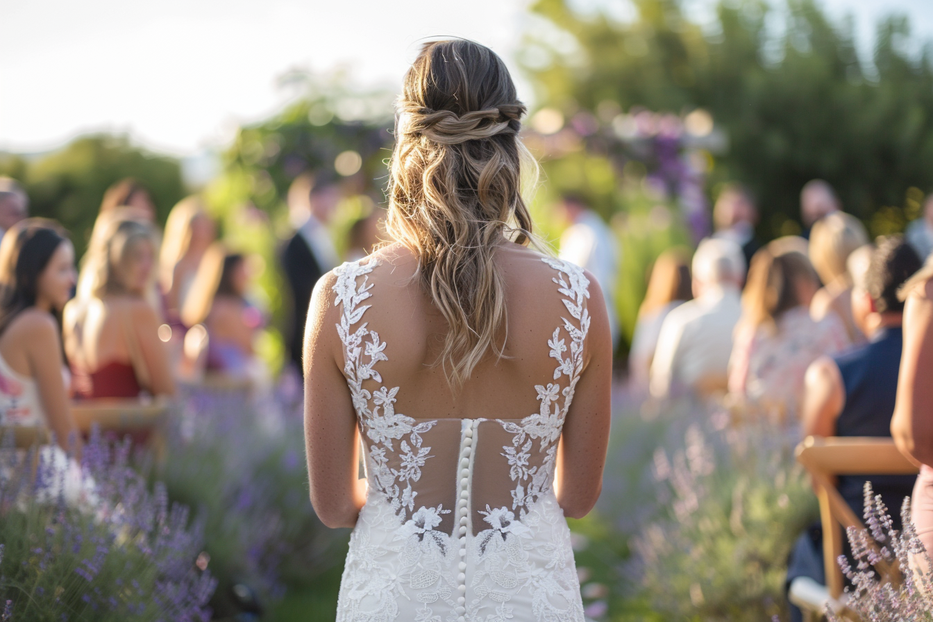 Eine Frau in einem weißen Brautkleid betritt eine Hochzeitslocation | Quelle: Midjourney