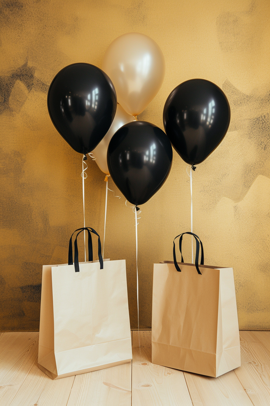 Geschenktüten mit Luftballons | Quelle: Midjourney