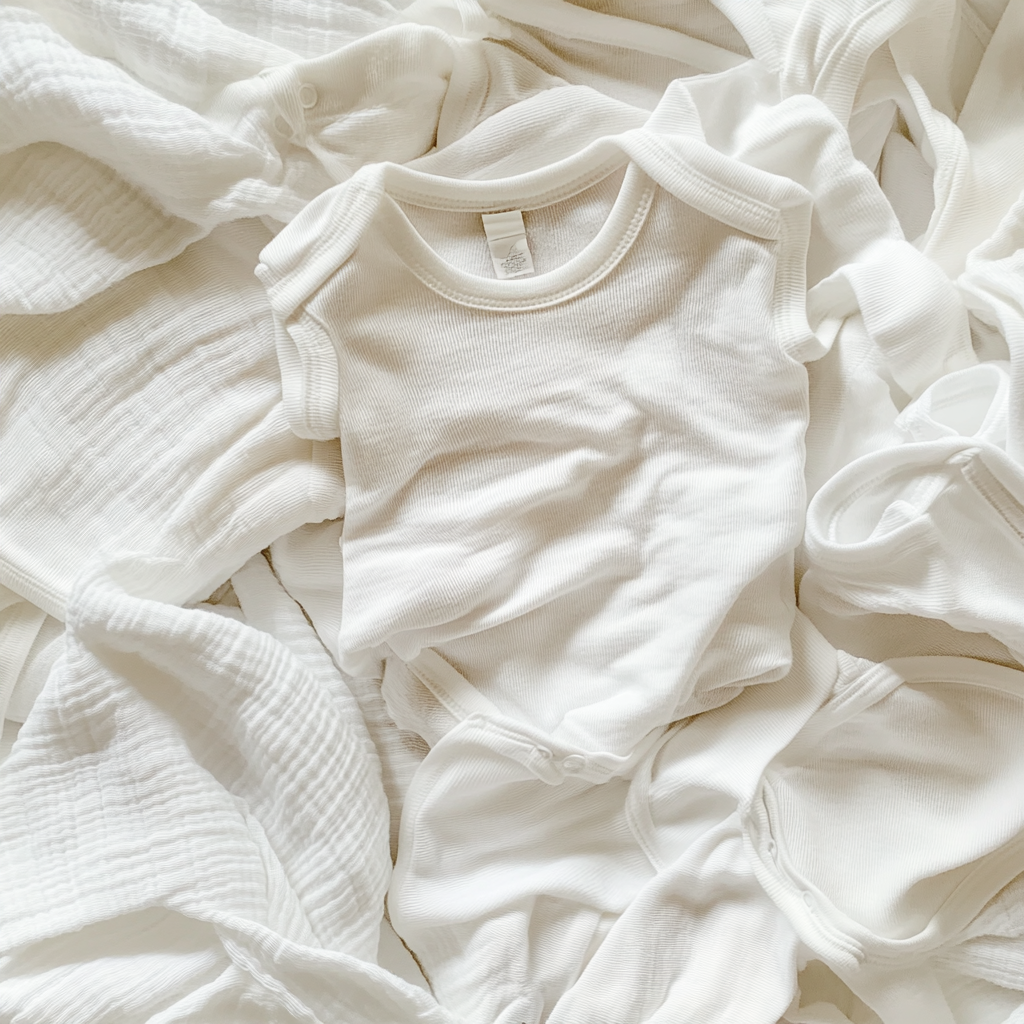 Ein Stapel weißer Babykleidung | Quelle: Midjourney