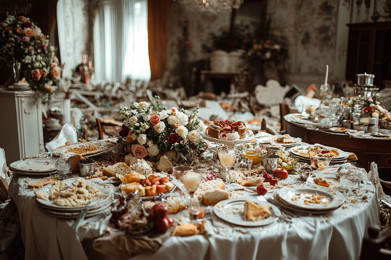 Local de casamento destruído - mesas viradas, decorações destruídas | Fonte: Midjourney