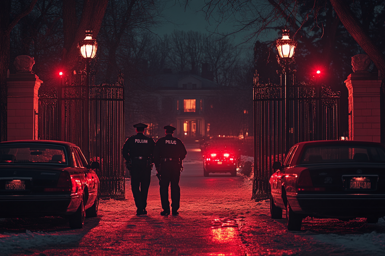 Zwei männliche Polizisten stehen neben ihren Streifenwagen vor einem massiven Tor, das zu einer luxuriösen Villa führt. | Quelle: Midjourney