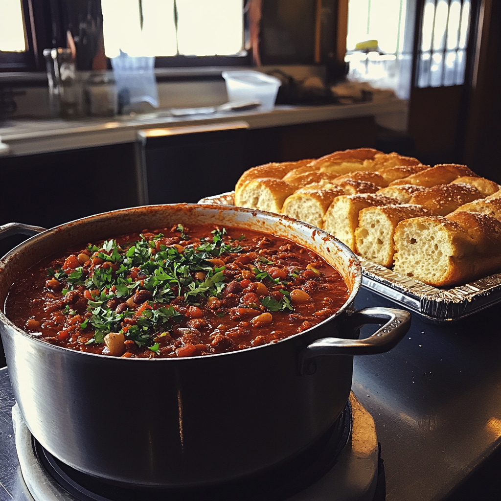 Ein Topf mit Chili und ein Tablett mit Knoblauchbrot | Quelle: Midjourney