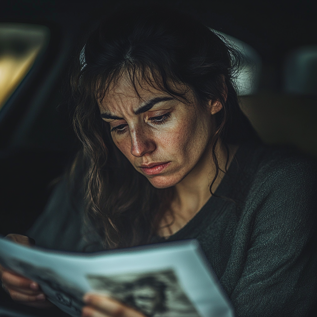 Eine emotionale Frau, die in ihrem Auto sitzt und schockiert auf eine Zeichnung schaut | Quelle: Midjourney