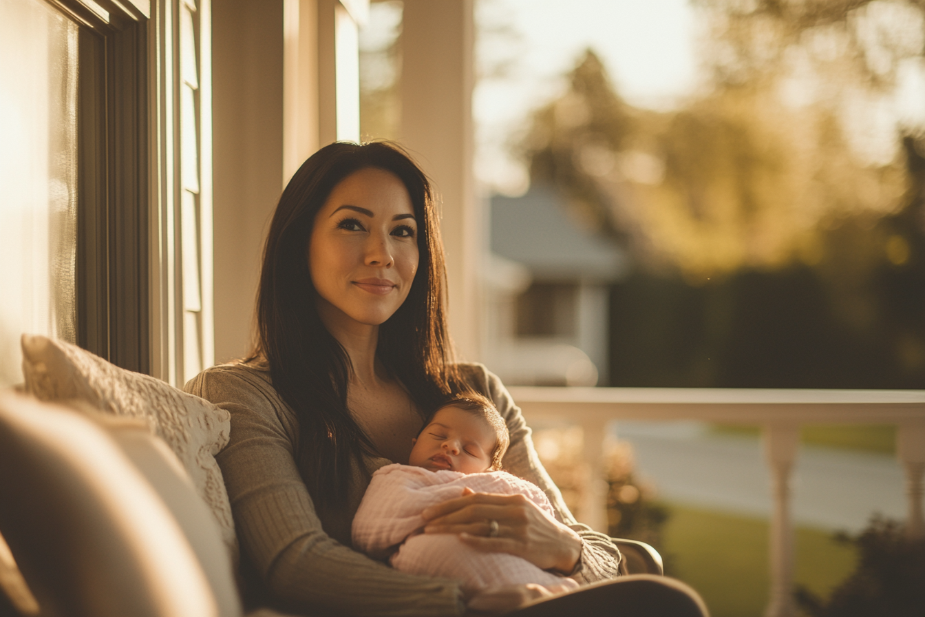 Eine Frau sitzt auf einer Veranda und hält ein Baby in einer rosa Decke | Quelle: Midjourney