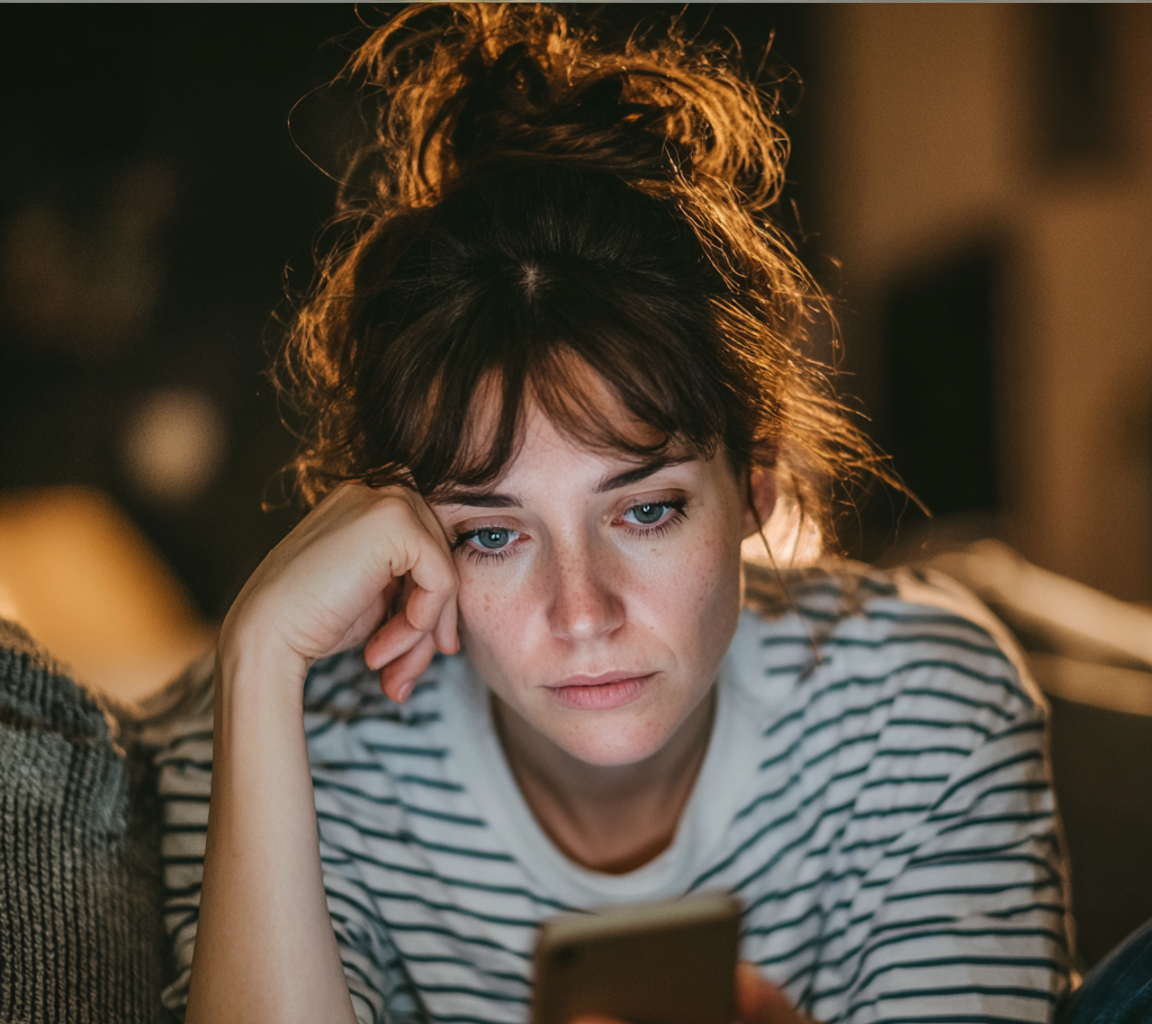 Kobieta siedząca i korzystająca z telefonu komórkowego | Źródło: Midjourney