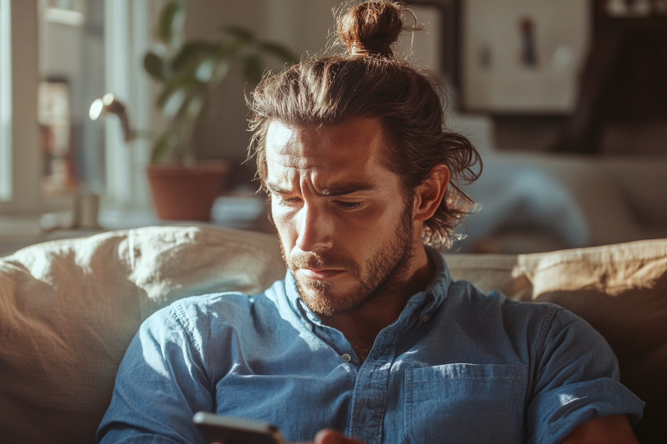 Ein Mann schaut auf sein Telefon auf der Couch in seinem Wohnzimmer | Quelle: Midjourney