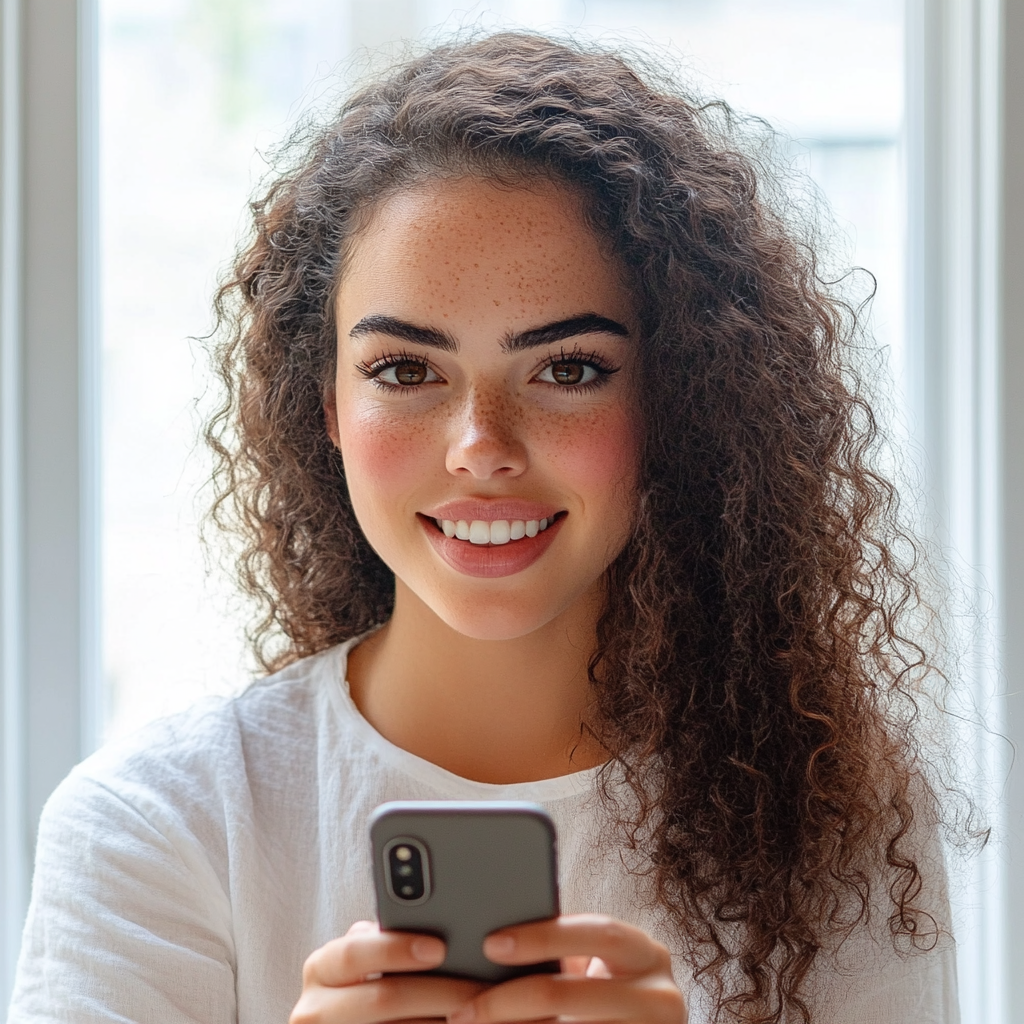 Eine fröhliche Frau, die ihr Telefon hält | Quelle: Midjourney