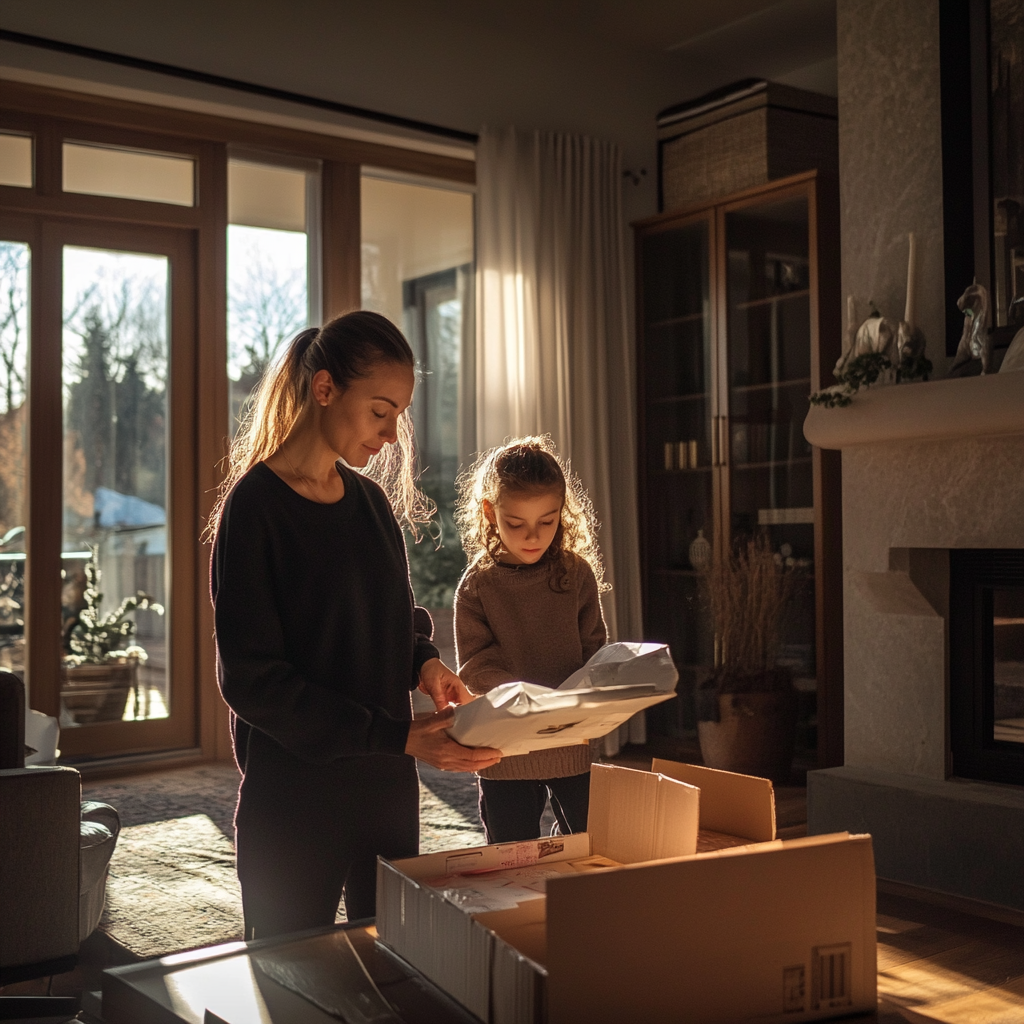 Frau und ihre Tochter in einem neuen Zuhause | Quelle: Midjourney