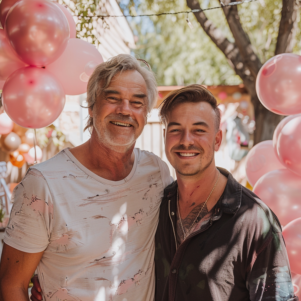 Ein lächelndes Vater-Sohn-Duo bei einer Gender Reveal Party | Quelle: Midjourney