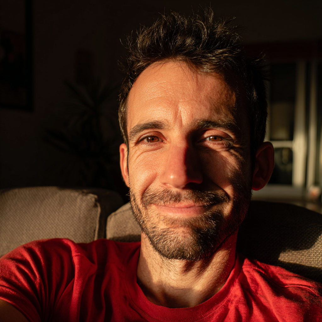 Uśmiechnięty mężczyzna siedzący na kanapie | Źródło: Midjourney