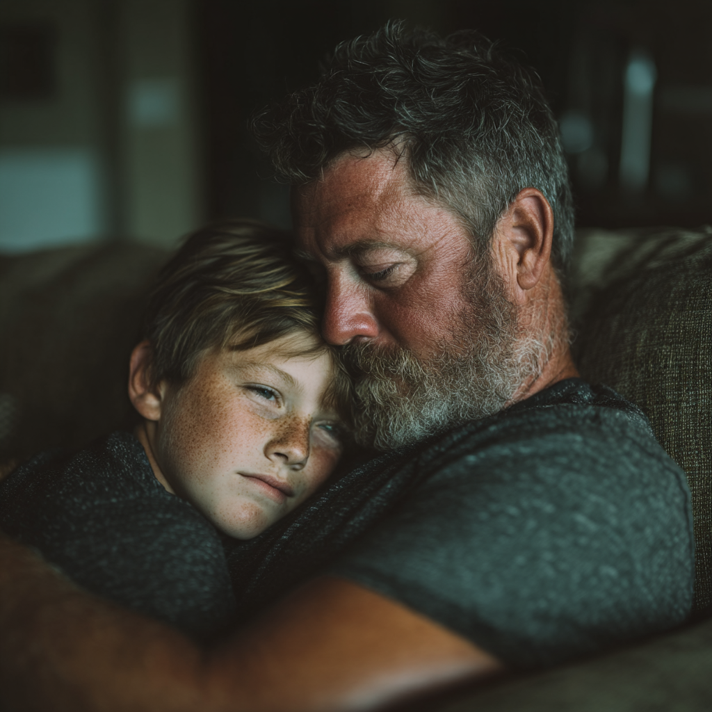 Ein Vater und sein Sohn, die sich umarmen | Quelle: Midjourney