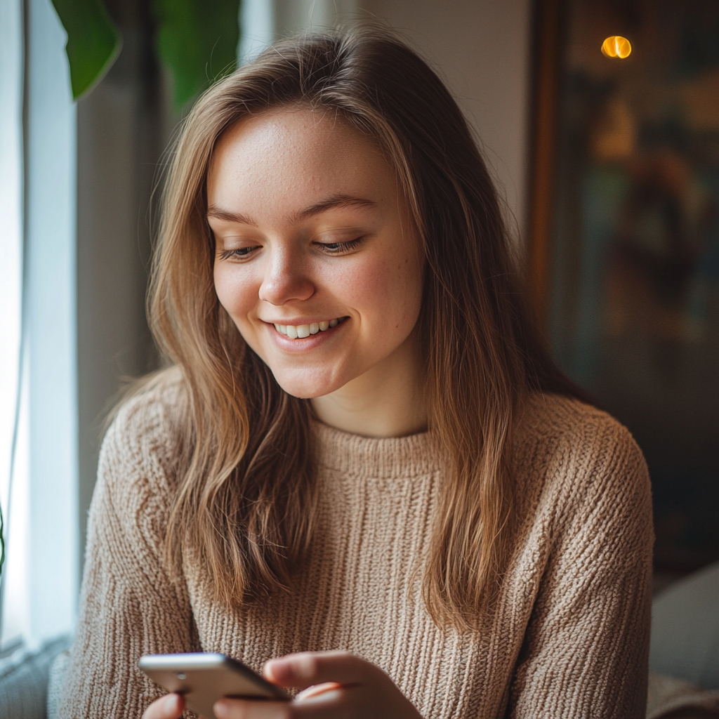 Eine Frau lächelt, während sie auf ihr Telefon schaut | Quelle: Midjourney