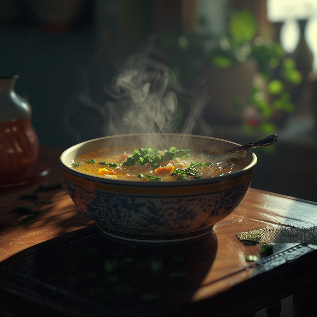 Eine Schüssel Suppe auf einem Tisch | Quelle: Midjourney
