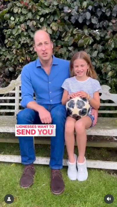 Prinz William und seine Tochter, Prinzessin Charlotte, senden ihre Worte der Ermutigung an Englands Löwin, aus einem Videopost vom 19. August 2023 | Quelle: Instagram/princeandprincessofwales