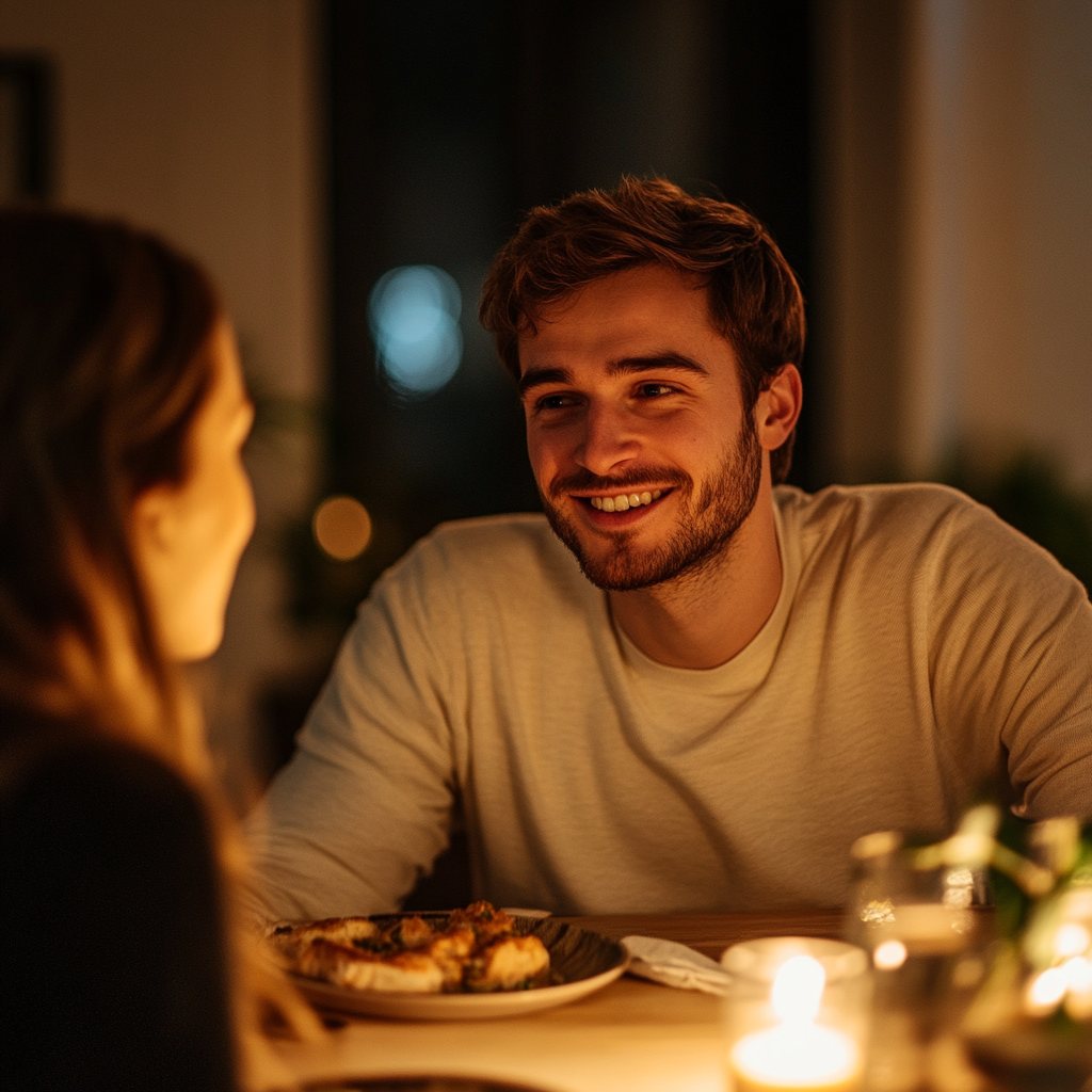 Ein Mann, der eine Frau beim Abendessen anlächelt | Quelle: Midjourney