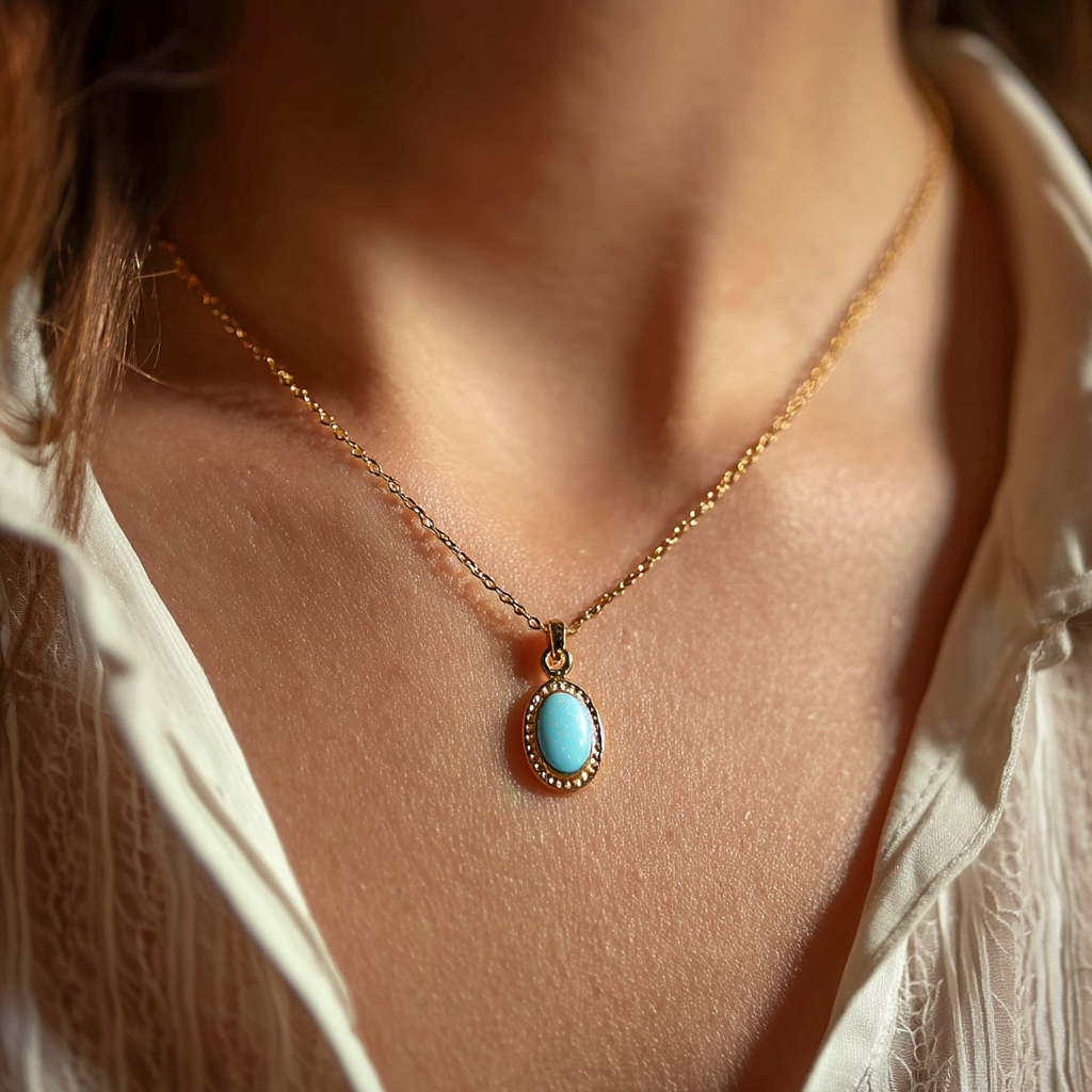 Eine Nahaufnahme einer Frau, die einen goldenen Anhänger mit einem blassblauen Emaille-Charm trägt | Quelle: Midjourney