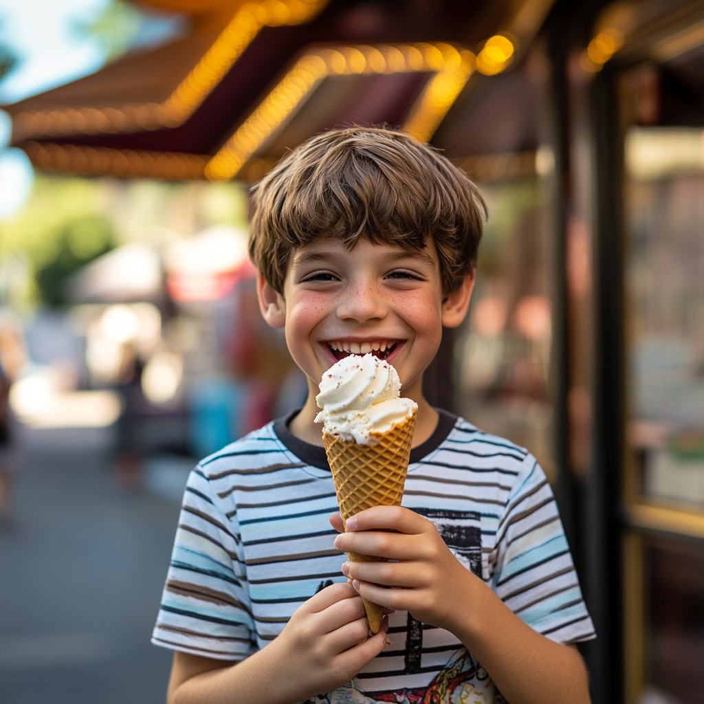 Ein kleiner Junge isst glücklich eine Eiswaffel | Quelle: Midjourney